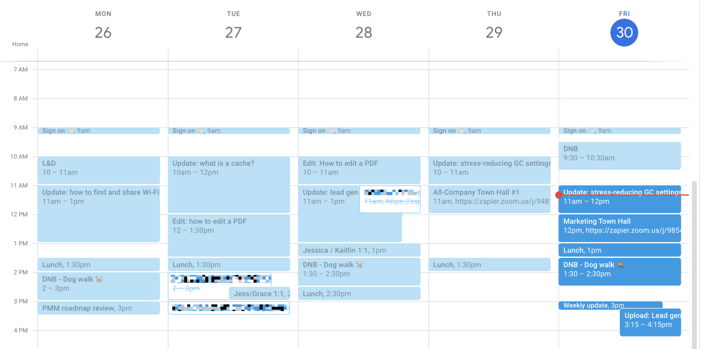 نمای هفتگی یک تقویم Google با رویدادهای گذشته که با سایه محو آبی نمایش داده شده است. 