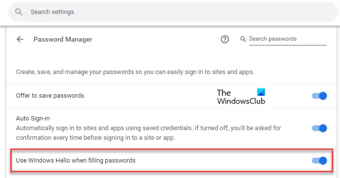 گزینه Windows Hello در Chrome Password Manager