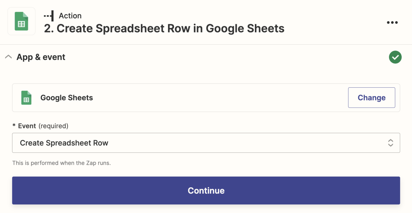 یک مرحله اقدام در ویرایشگر Zap با Google Sheets انتخاب شده برای برنامه اقدام و Create Spreadsheet Row برای رویداد اقدام انتخاب شده است.