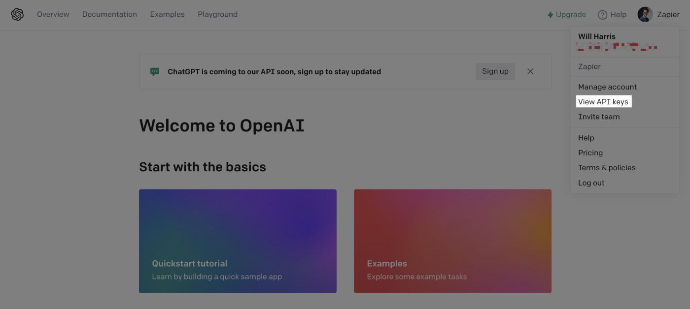 یک اسکرین شات که محل دسترسی به کلید API خود را از داشبورد OpenAI مشخص می کند.