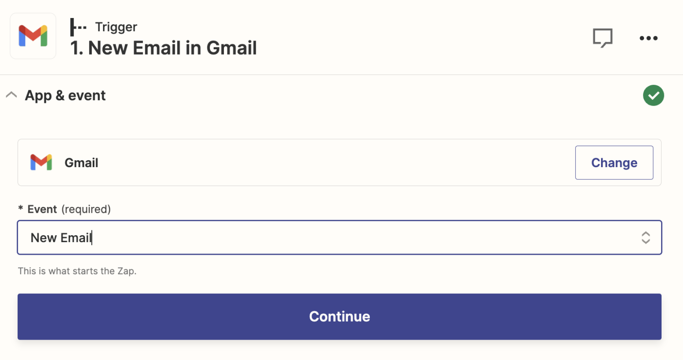 تصویری از یک مرحله راه اندازی Gmail در ویرایشگر Zapier.