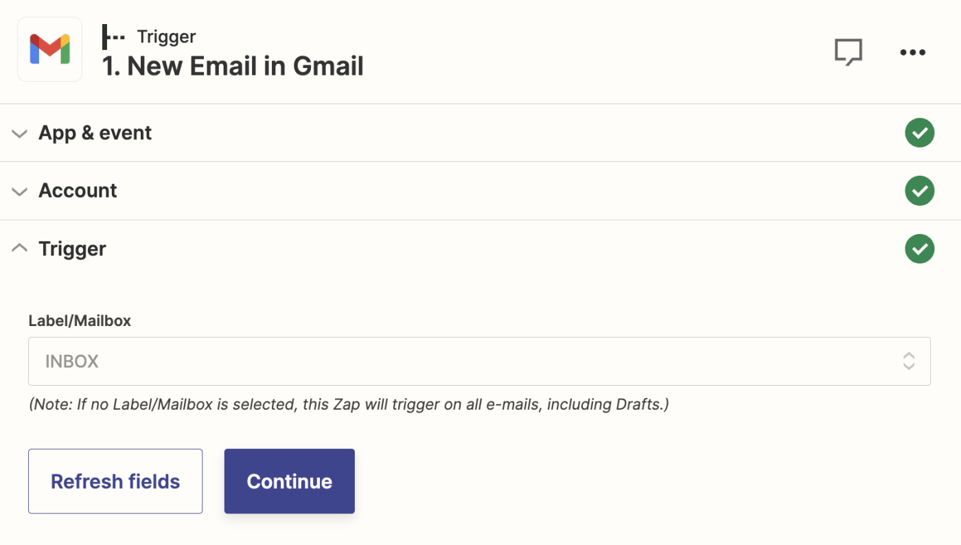 تصویری از راه‌اندازی مرحله راه‌اندازی Gmail در ویرایشگر Zapier.
