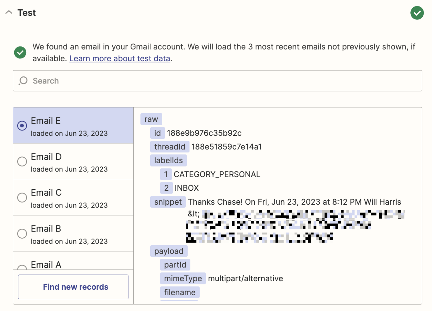 تصویری از یک آزمایش موفقیت آمیز برای مرحله راه اندازی Gmail در ویرایشگر Zapier.
