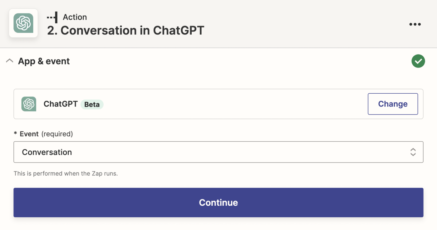 تصویری از تنظیمات مرحله عمل ChatGPT در ویرایشگر Zapier.