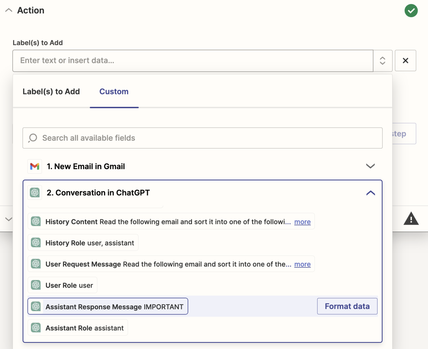 اسکرین شات شخصی سازی مرحله اقدام Gmail در ویرایشگر Zapier.