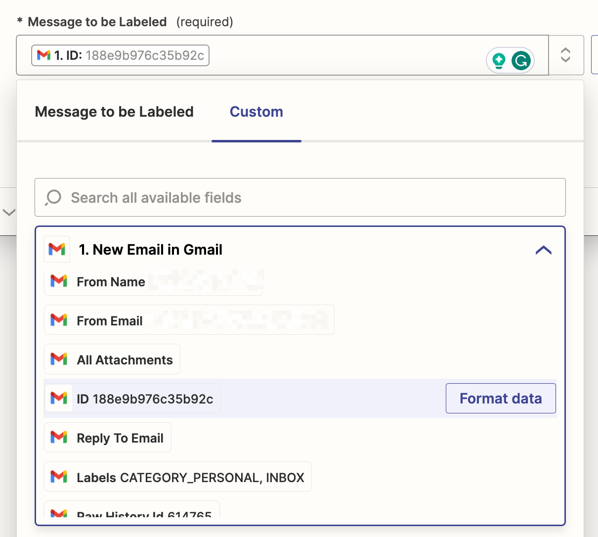یک اسکرین شات در حال قرار دادن "شناسه" را وارد مرحله اقدام Gmail در ویرایشگر Zapier کنید.