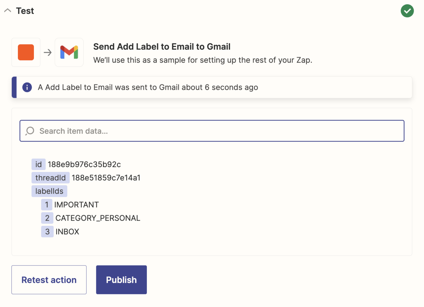 تصویری از یک مرحله اقدام موفق Gmail در ویرایشگر Zapier.