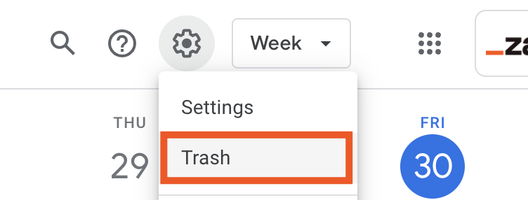 بخشی از تقویم Google با منوی تنظیمات باز شده و "زباله ها" گزینه انتخاب شده است. 