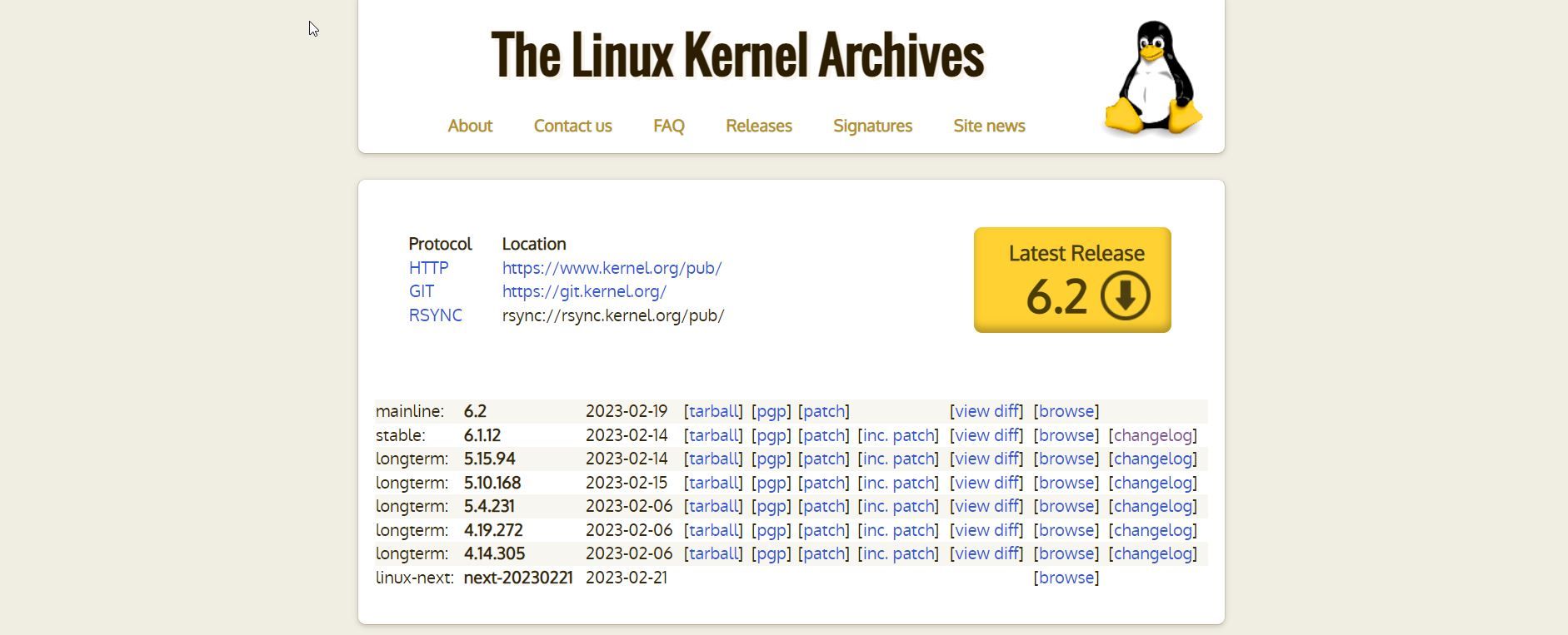 وب سایت هسته لینوکس که نسخه 6.2 را نشان می دهد