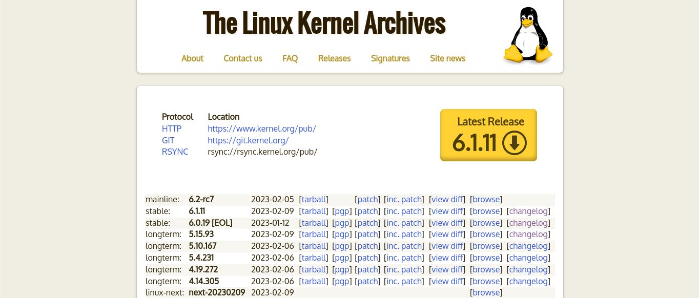 وب سایت هسته لینوکس همانطور که در 9 فوریه 2023 مشاهده شد