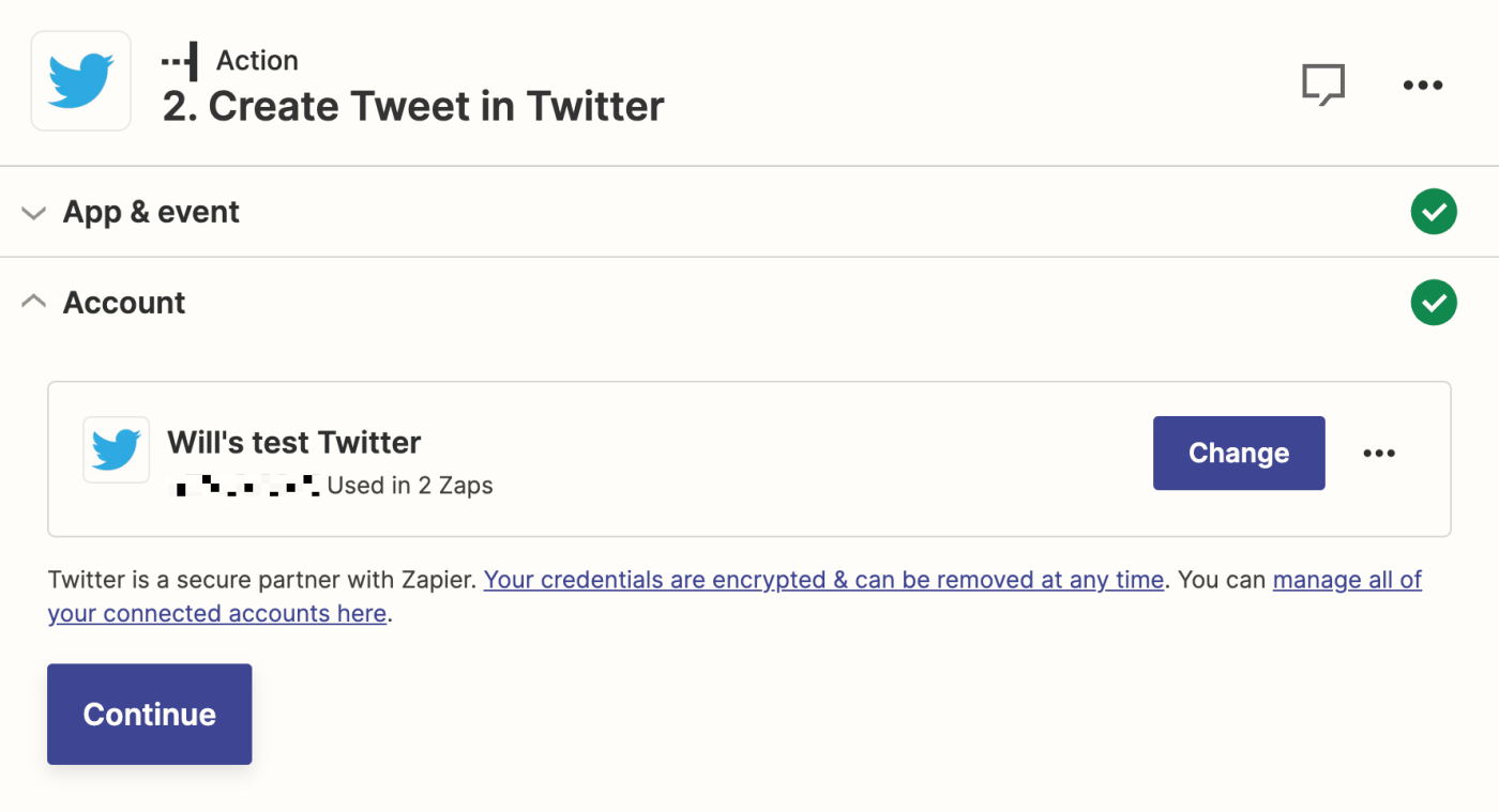 تصویری از اتصال یک حساب توییتر به Zapier در ویرایشگر Zapier.