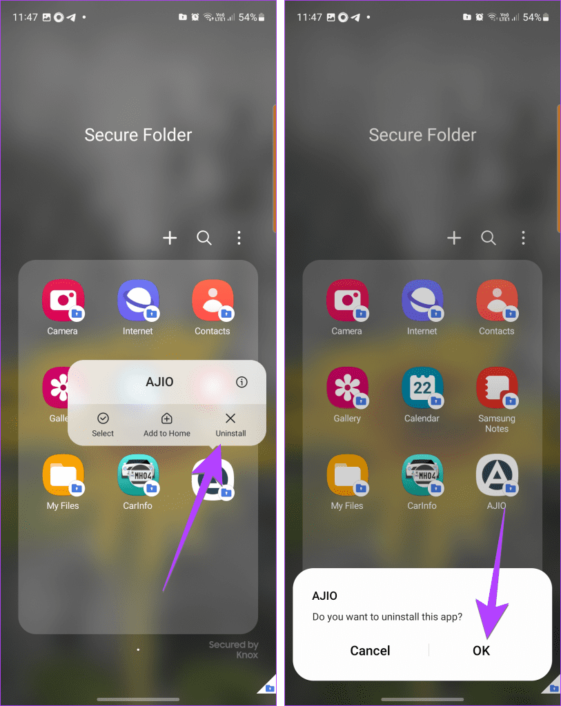 Samsung Secure Folder حذف نصب برنامه ها