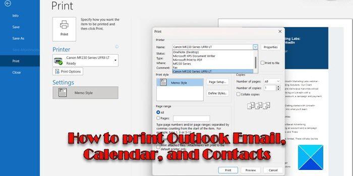 ایمیل، تقویم و مخاطبین Outlook را چاپ کنید