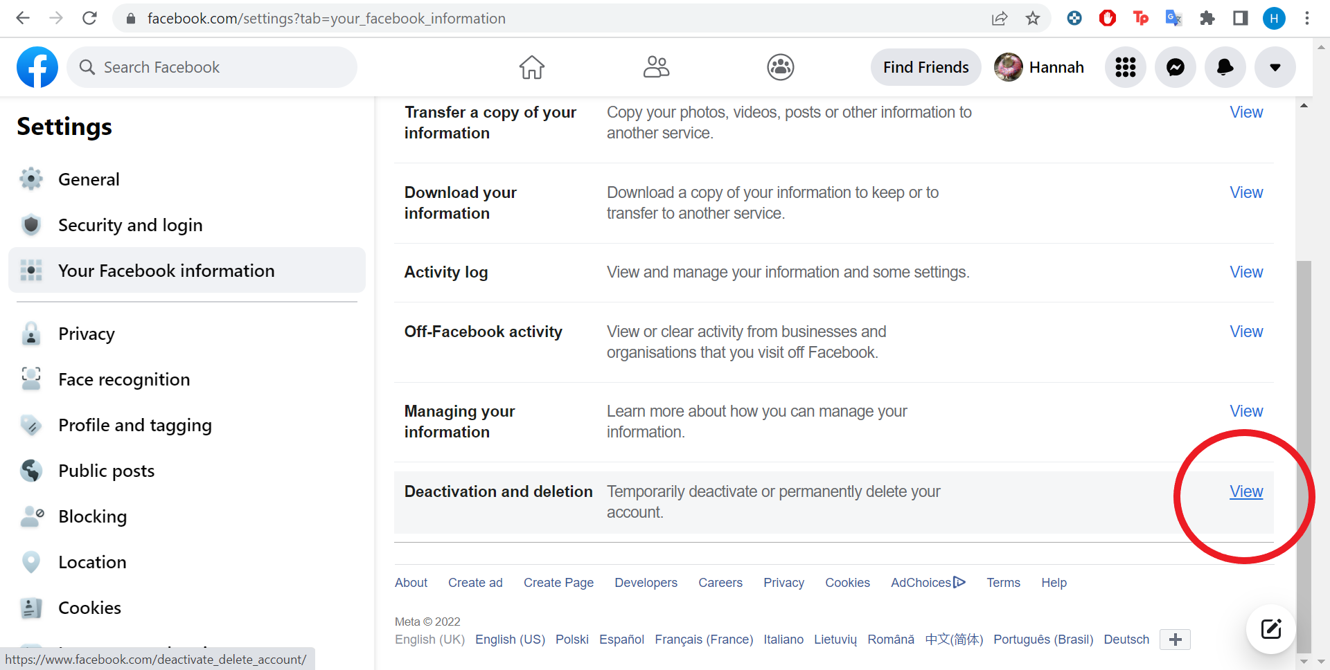 گزینه های غیرفعال و حذف فیس بوک