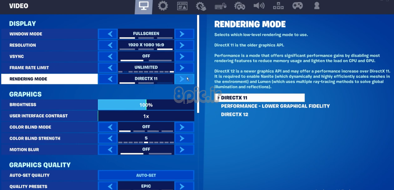 Changing rendering mode on Fortnite