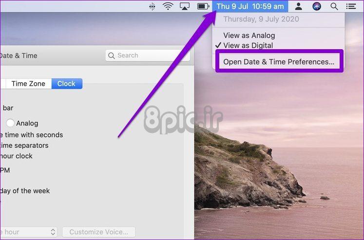 تاریخ و زمان تنظیمات Mac را باز کنید