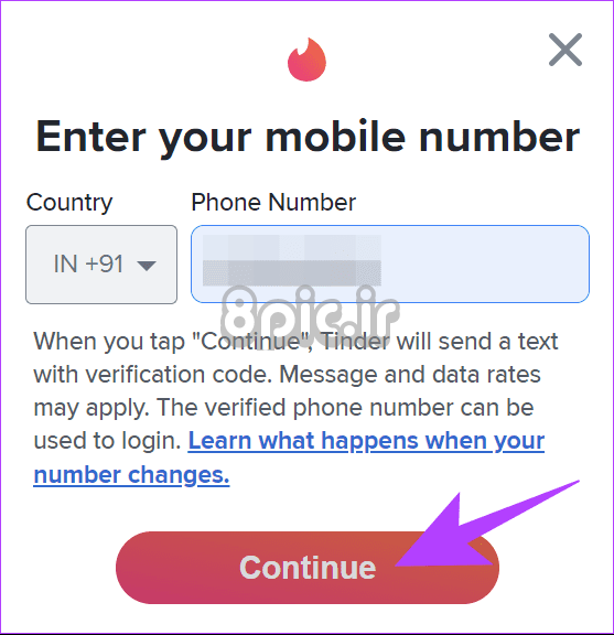 شماره تلفن خود را اضافه کنید و سپس Continue را بزنید