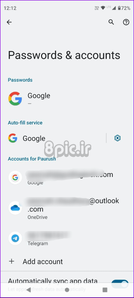 تنظیمات اکانت گوگل اندروید را انتخاب کنید