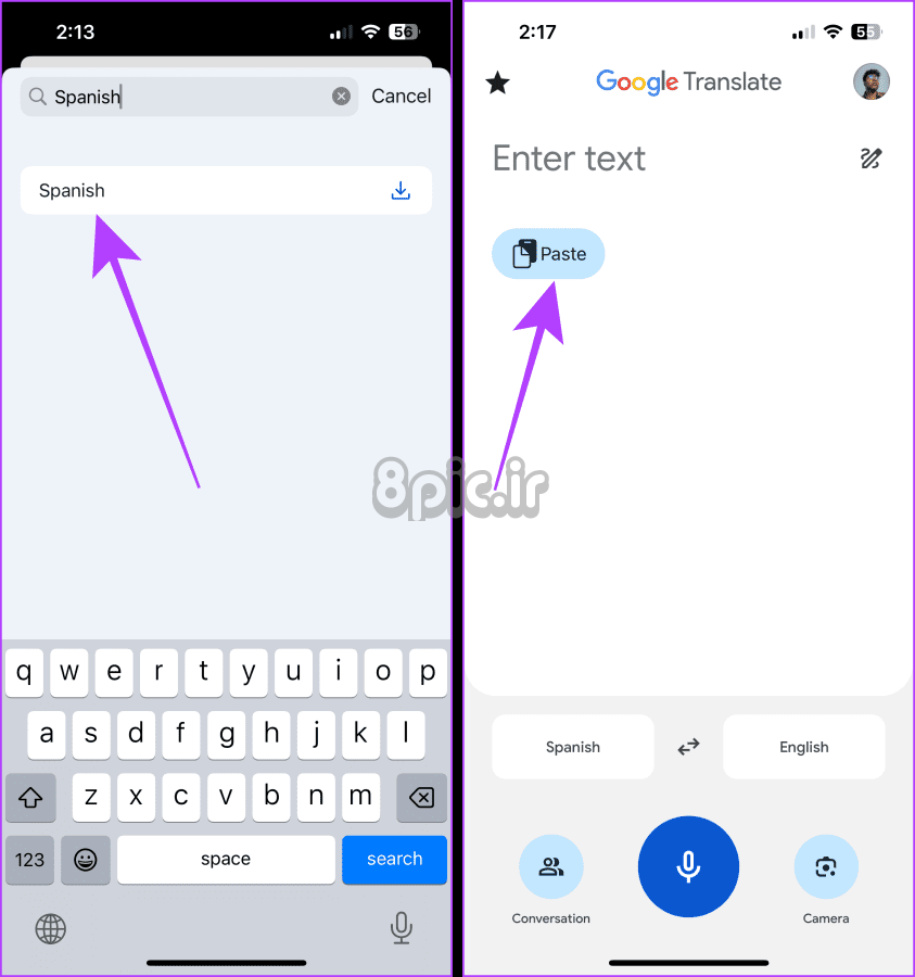 متن را در برنامه Google Translate iPhone جای‌گذاری کنید
