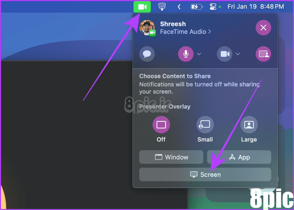 FaceTime Share Screen Options Menu Bar Mac
