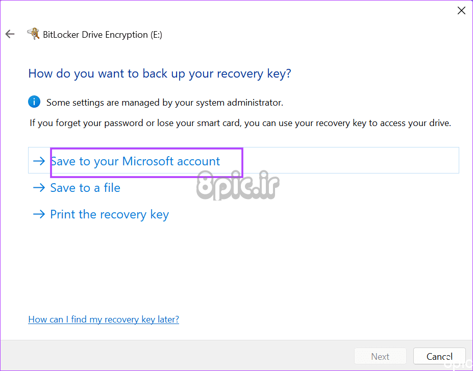 کلید bitlocker را در حساب مایکروسافت ذخیره کنید