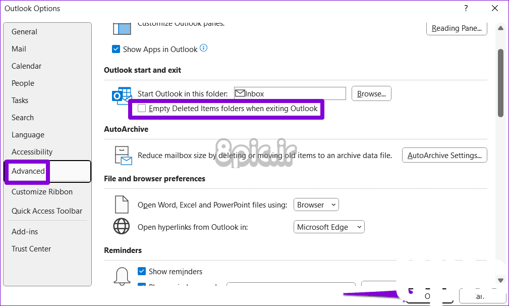 Outlook را برای خالی کردن موارد حذف شده در راه اندازی مجدد پیکربندی کنید