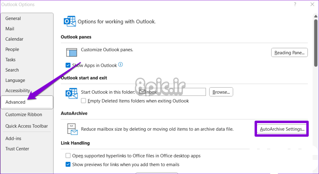 تنظیمات آرشیو خودکار در Outlook