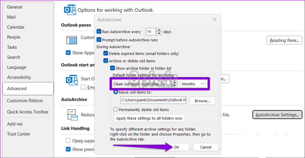 پنجره تنظیمات فایل داده Outlook