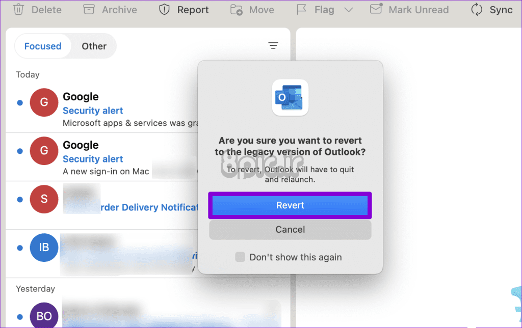 بازگشت به Legacy Outlook App در Mac را تأیید کنید