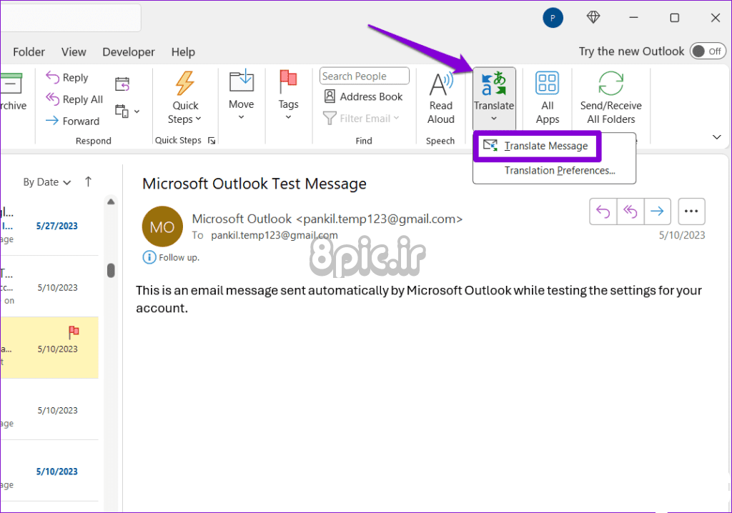 پیام ایمیل ترجمه در Outlook for Desktop 1