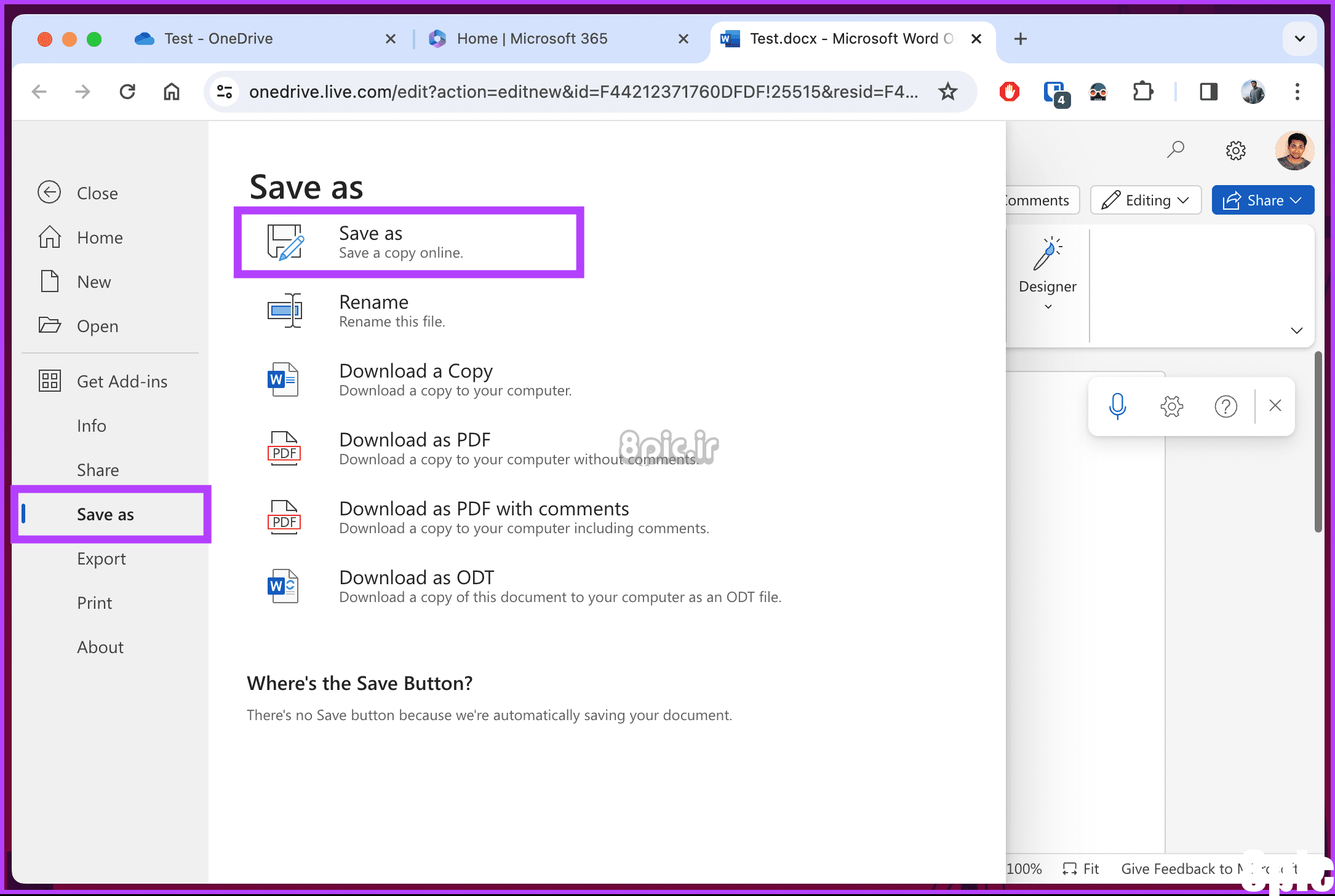 برای ذخیره آنلاین یک کپی، بین Save as انتخاب کنید