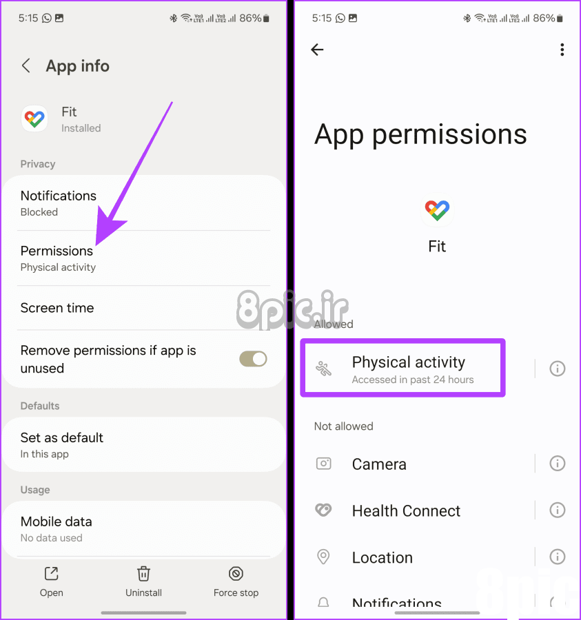 تنظیمات مجوزهای Google Fit Samsung Galaxy