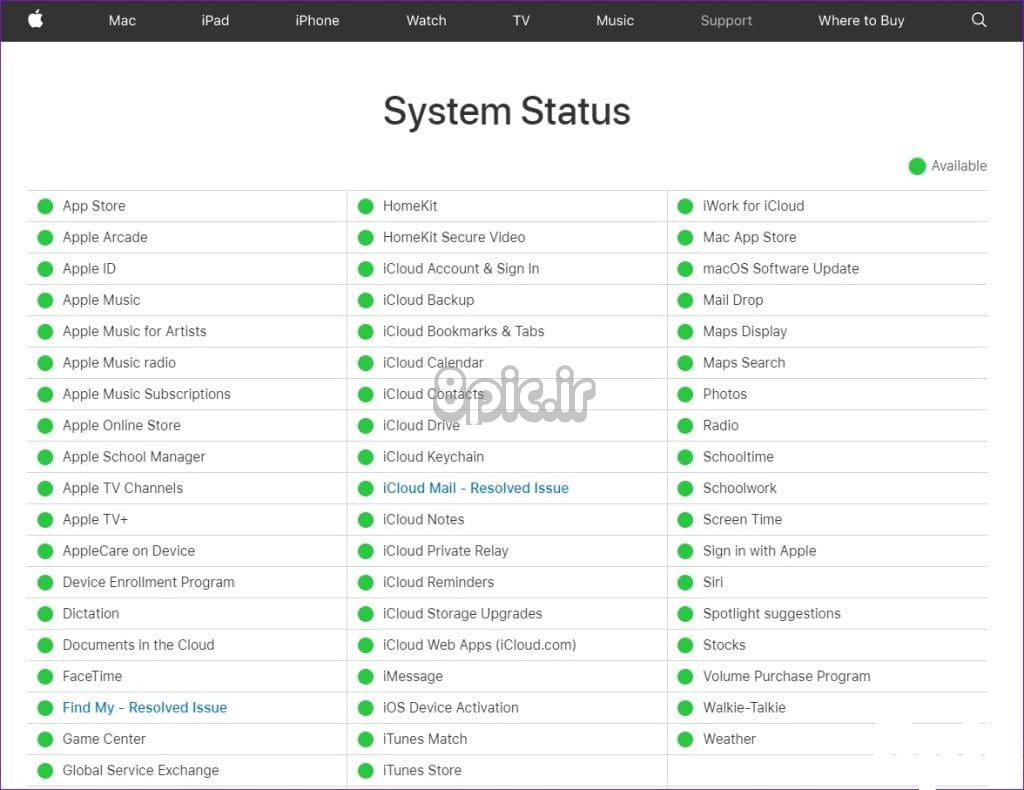 صفحه وضعیت سیستم اپل 1