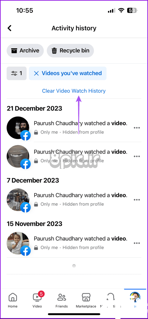 پاک کردن تاریخچه تماشای ویدیو فیس بوک موبایل 