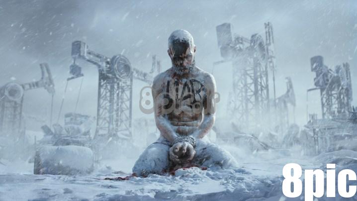 مردی یخ‌زده که روی سینه‌اش Liar نوشته شده، جلوی دکل‌های نفتی در Frostpunk 2 می‌نشیند.