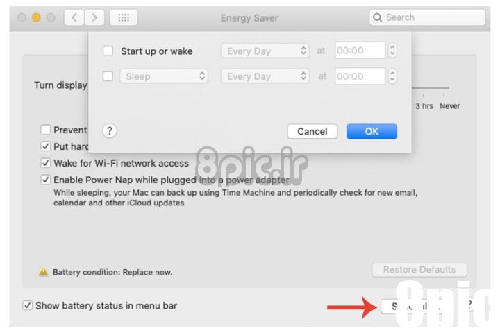 دکمه Schedule برای گزینه های Energy Saver در Mac.