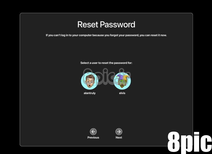 صفحه انتخاب کاربر در صفحه بازنشانی رمز عبور در MacOS.