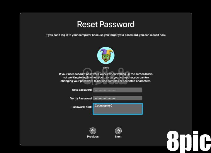 گزینه های Enter a new password and password int در صفحه ریست Password در MacOS.