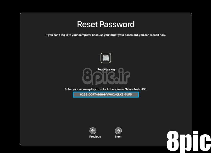 گزینه بازیابی FileVault در صفحه ریست Password در MacOS.