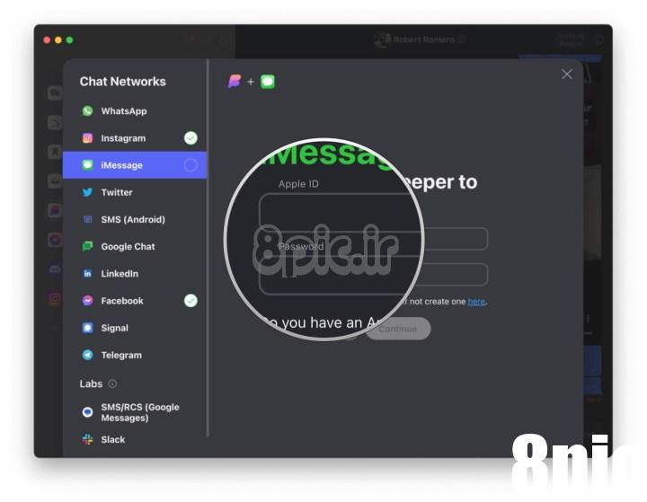 اطلاعات کاربری Apple ID را در صفحه تنظیم دسکتاپ Beeper برای iMessage وارد کنید.