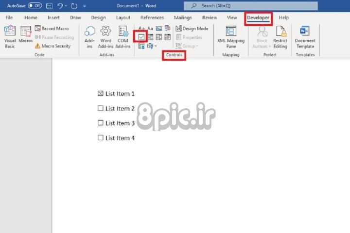 اسکرین شات برنامه دسکتاپ Microsoft Word نحوه درج چک باکس را نشان می دهد.