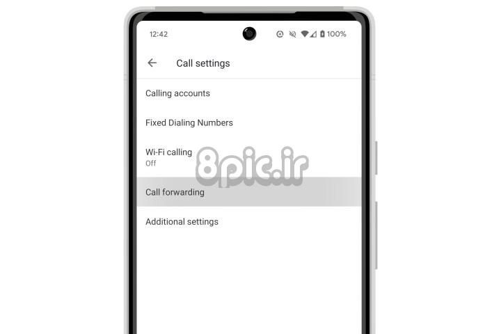 تنظیمات تماس Android 14 با گزینه Call Forwarding برجسته شده است.