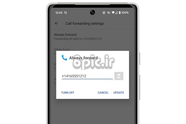 تنظیمات انتقال تماس Android که شماره تماس‌ها را برای فوروارد کردن نشان می‌دهد.