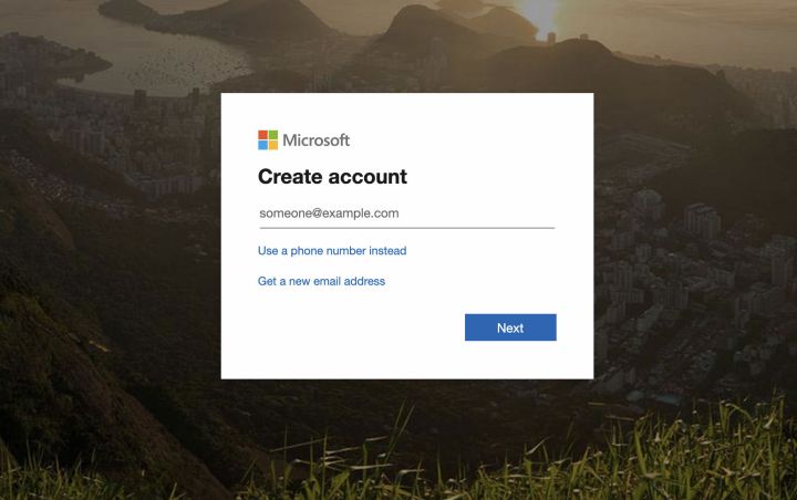پنجره ایجاد حساب برای Microsoft Accounts.