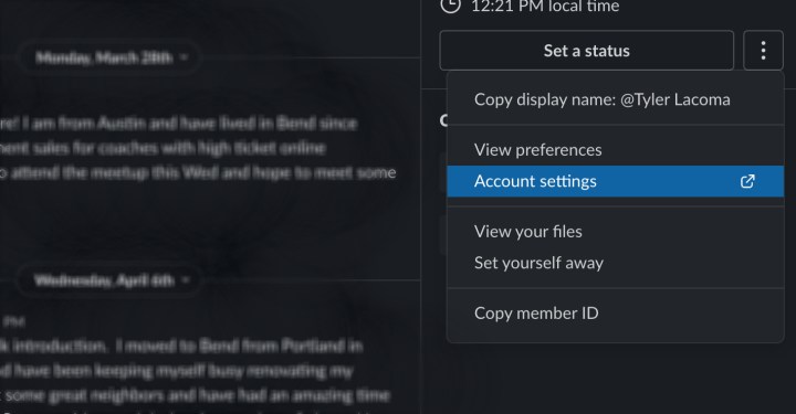 تنظیمات حساب را در Slack انتخاب کنید.