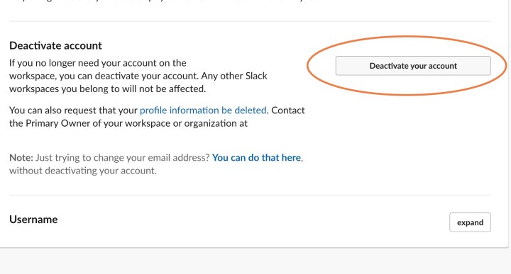 گزینه Deactivate Your Account در Slack را انتخاب کنید.