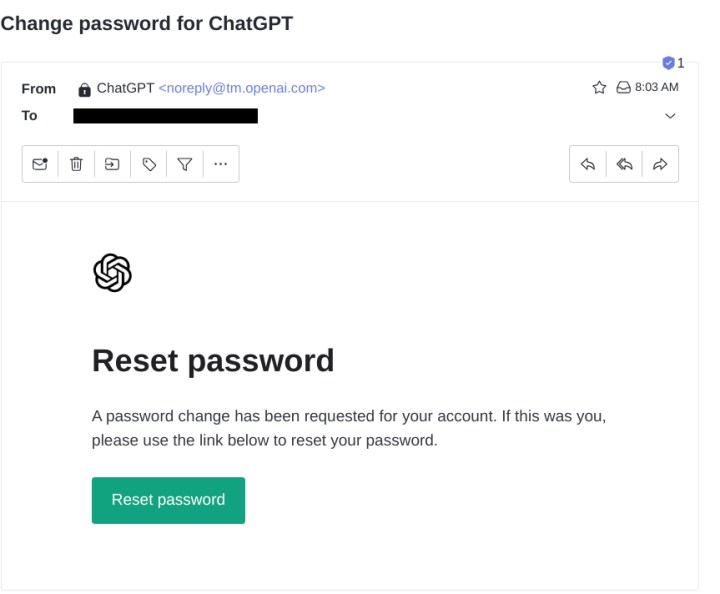 ایمیل بازنشانی رمز عبور ChatGPT