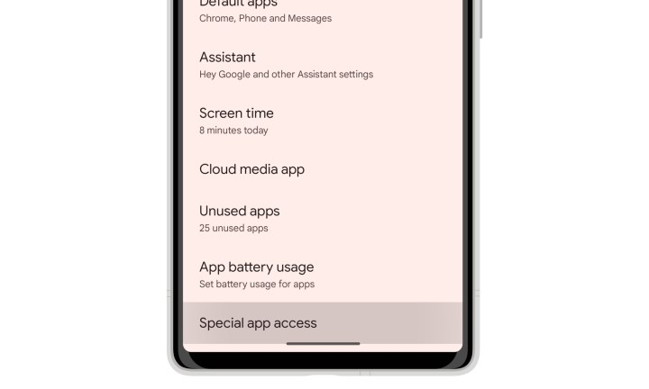 تنظیمات برنامه‌های Android 14 که آیتم منوی دسترسی ویژه برنامه را برجسته می‌کند.