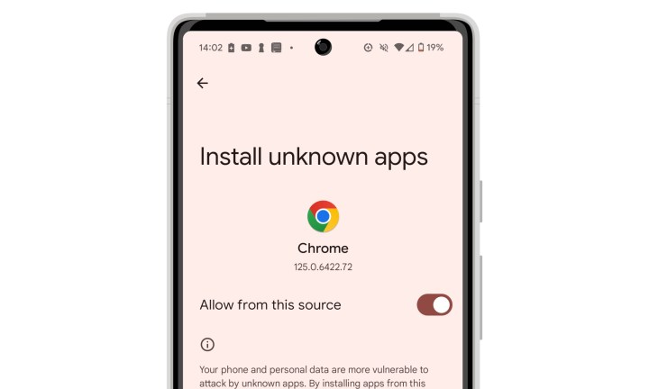 Android 14 تنظیمات برنامه‌های ناشناخته را برای Google Chrome نصب کنید.