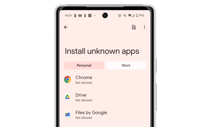 Android 14 صفحه برنامه‌های ناشناخته را نصب کنید که کروم، درایو و فایل‌های Google فهرست شده را نشان می‌دهد.